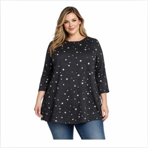Kim & Cami Top Plus Size 2X Dark Gray Starry Swing Shirt Boat Neck 3/4 Sleeve